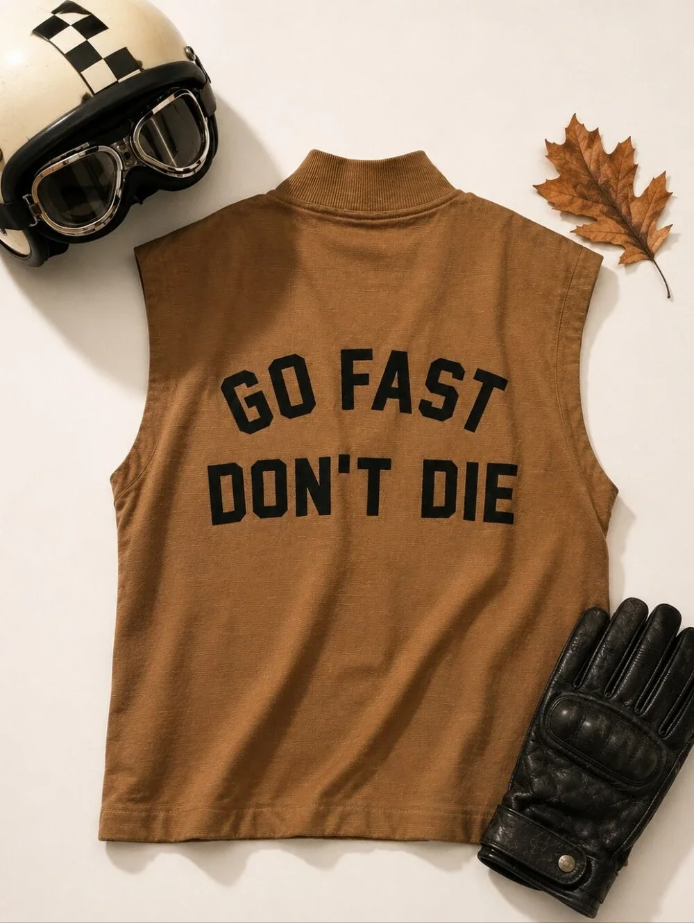 Go Fast Don't Die Brown Duck Snap Up Insulated Racing Streetwear Vest. Mens XL.